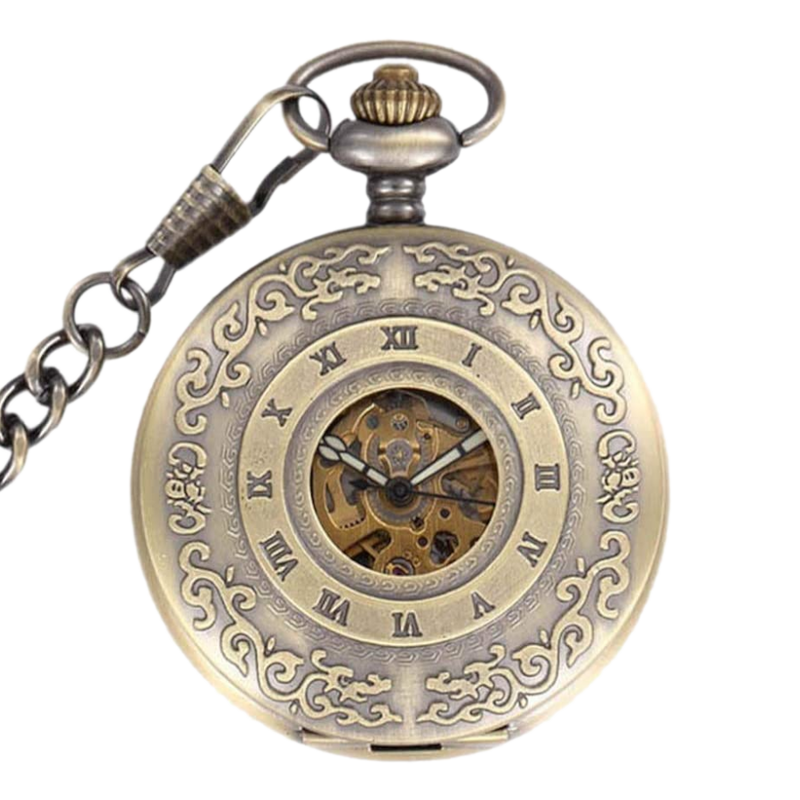 Engraved Bronze Mechanical Demi Pocket Watch