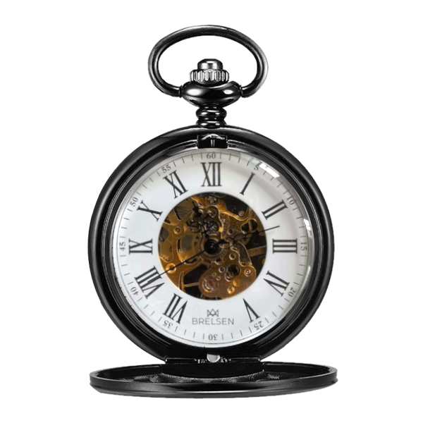 Onyx Black Double Hunter Mechanical Pocket Watch Handmade Pocket Watch Skeleton Roman Dial Wedding Pocket Watch Groom Pocket Watch Groomsmen Pocket Watches Antique Retro British Gift by Brelsen