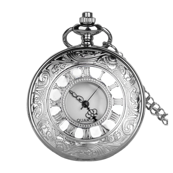 Silver Analog Quartz Engraved Demi Pocket Watch