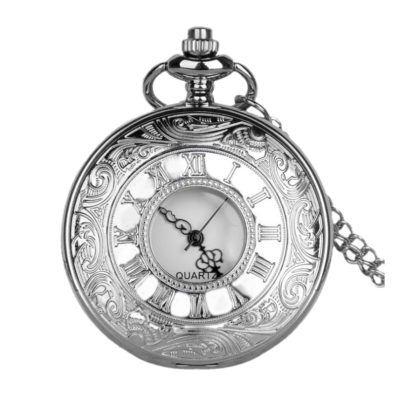 Silver Analog Quartz Engraved Demi Pocket Watch